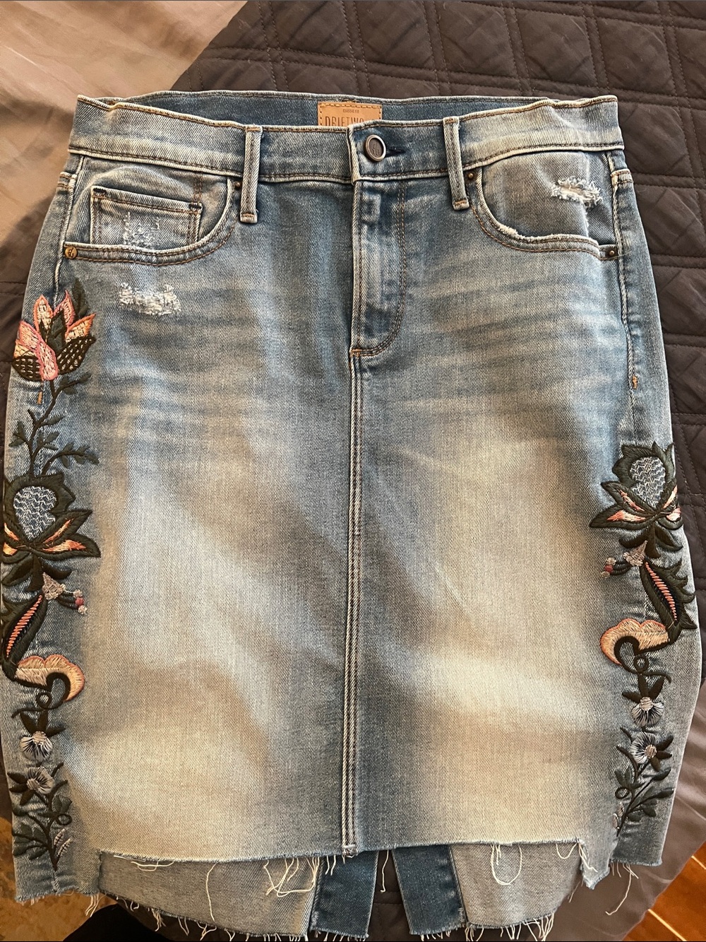 Driftwood Brand Embroidered Light Wash Denim Skirt